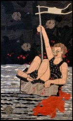 Plague Bell (revisited) Blood in the Water, story quilt using repurposed fabric, 2021